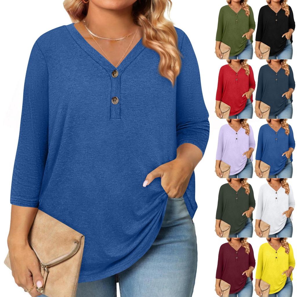 Womens 3/4 Length Sleeve Tops Plus Size Button Down V Neck Shirts Blouses Casual Solid Color Loose