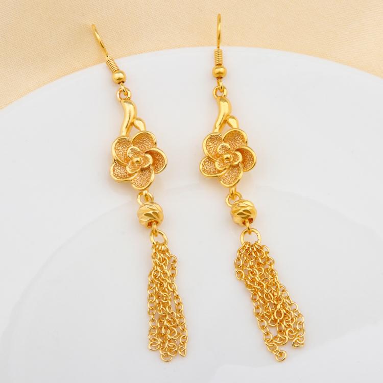 Brass Gold-Plated 18K Flower Tassel Earrings Wedding Sand Gold Jewelry Korean Style Long Tassel Earrings