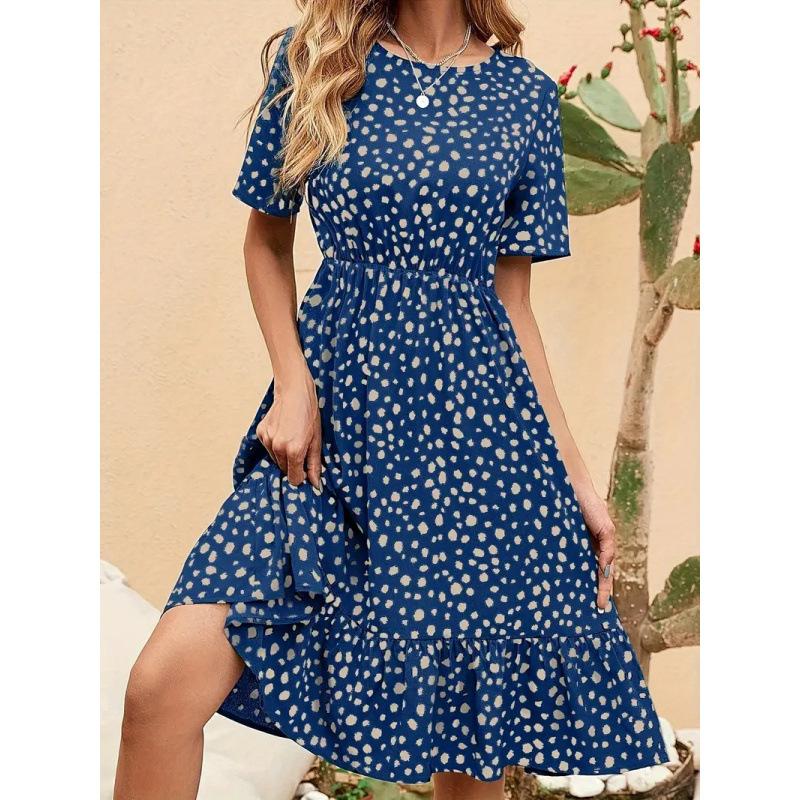 European and American summer new women's elegant and fashionable waist polka dot French crew neck short-sleeved dress