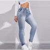 High Stretch Drawstring Denim Inspired Leggings for Women High Waist Slim Fit Lifted Buttocks Solid Color Tight Pants 2025 Spring