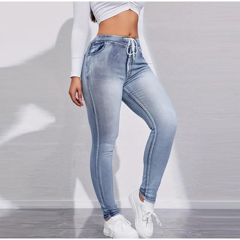 High Stretch Drawstring Denim Inspired Leggings for Women High Waist Slim Fit Lifted Buttocks Solid Color Tight Pants 2025 Spring