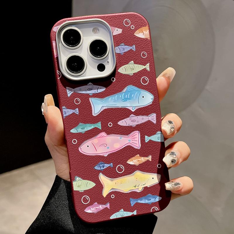 

Cute Little Fish Phone Case For iPhone 16 Cases for iPhone 15 14 13 Pro Max 16e Magnetic For Magsafe Wireless Charge Leather Texture Silicone Cover iPhone 11 красный