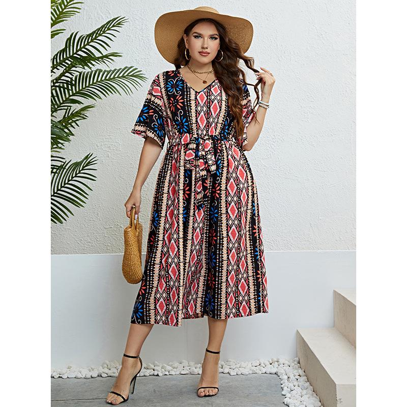 

Платье макси с v-образным вырезом и цветочным принтом в стиле бохо для женщин, платье макси с короткими рукавами и завязкой на талии, длинное платье для пляжного отдыха и клуба, летнее дышащее удобное повседневное платье 4XL