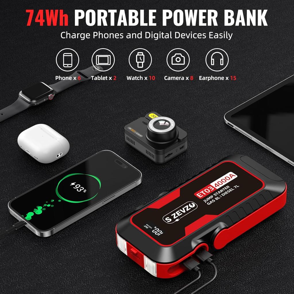 ET03 4000A Car Jump Starter 12V Battery Pack for 8.0L Gas/7.0L Diesel, 74Wh with USB, LCD, LED Light, Case