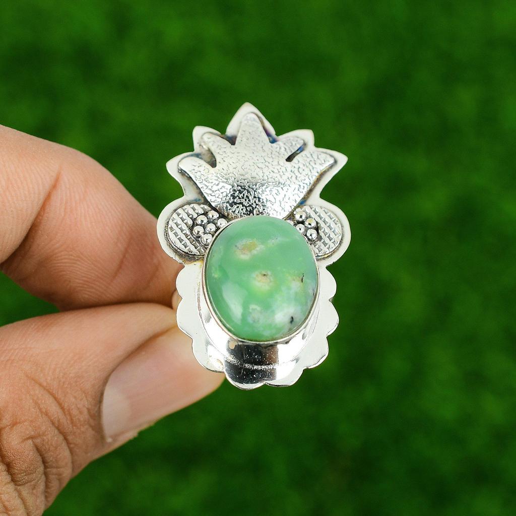Chrysoprase Gemstone Bezel Sister Anniversary Statement Ring Jewelry 925 Silver