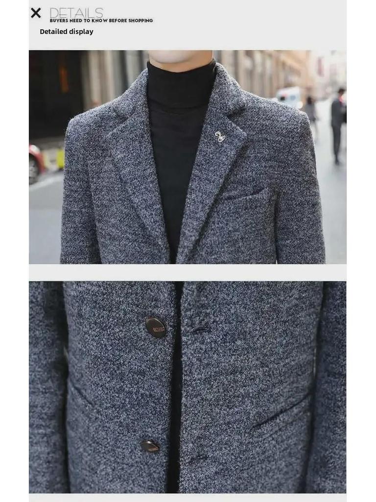 Pánská úzká vlněná větrovka, střední délky, korejský styl, pro podzimní a zimní obchodní nošení