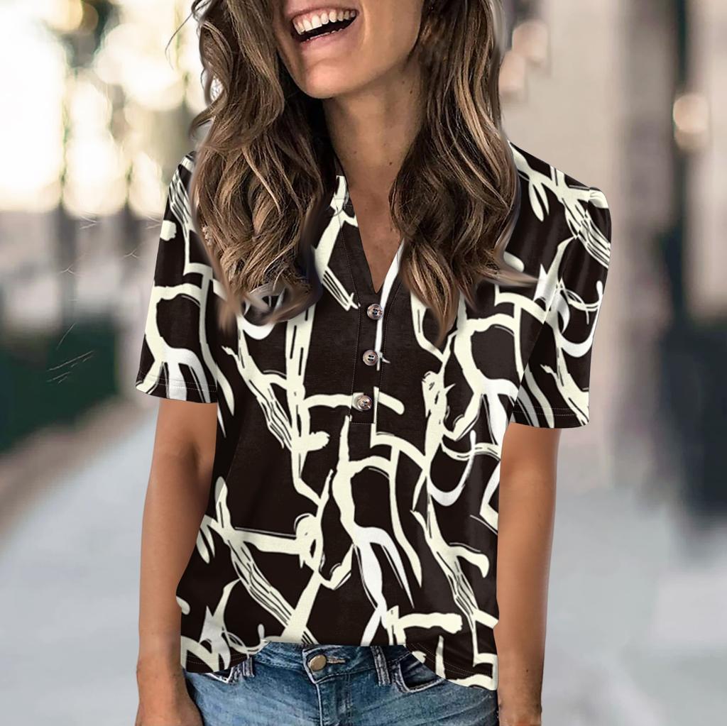 Hauts d'été pour femmes, mode décontractée avec imprimés floraux, col en V, manches courtes, t-shirt boutonné