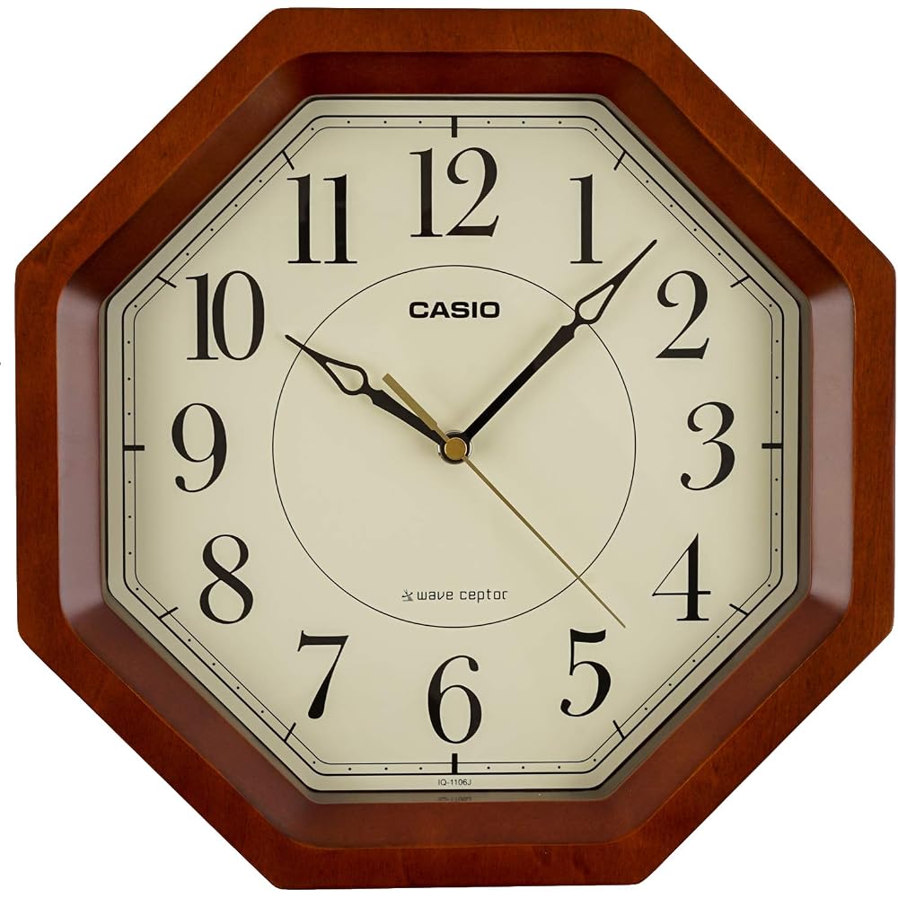 CASIO Wall Clock, Radio-Controlled, Brown, Analog, Octagonal, Wooden Frame, Japanese Style Room, IQ-1106J-5JF