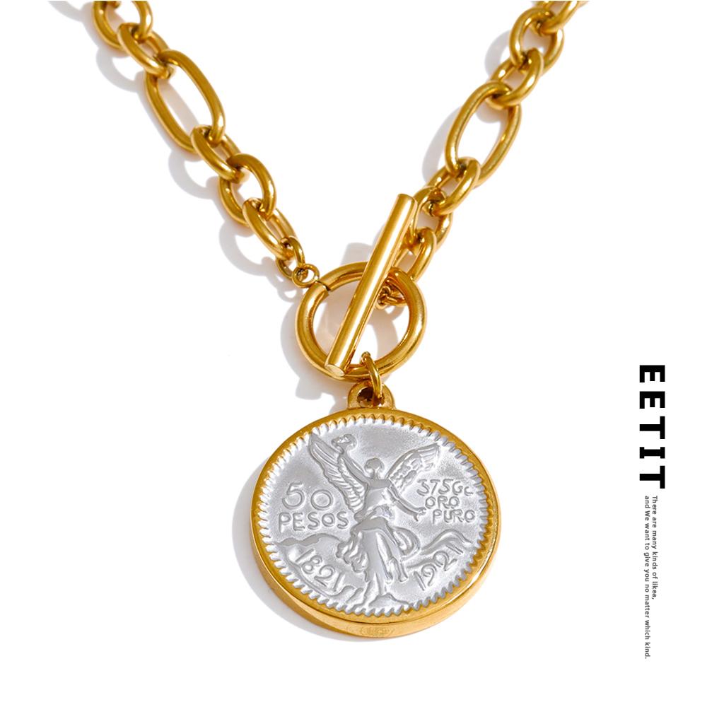 Eetit Round Double Sided Angel Pendant Drop Necklace Stainless Steel Golden Chain Toggle-Clasps Statement Jewelry Waterproof