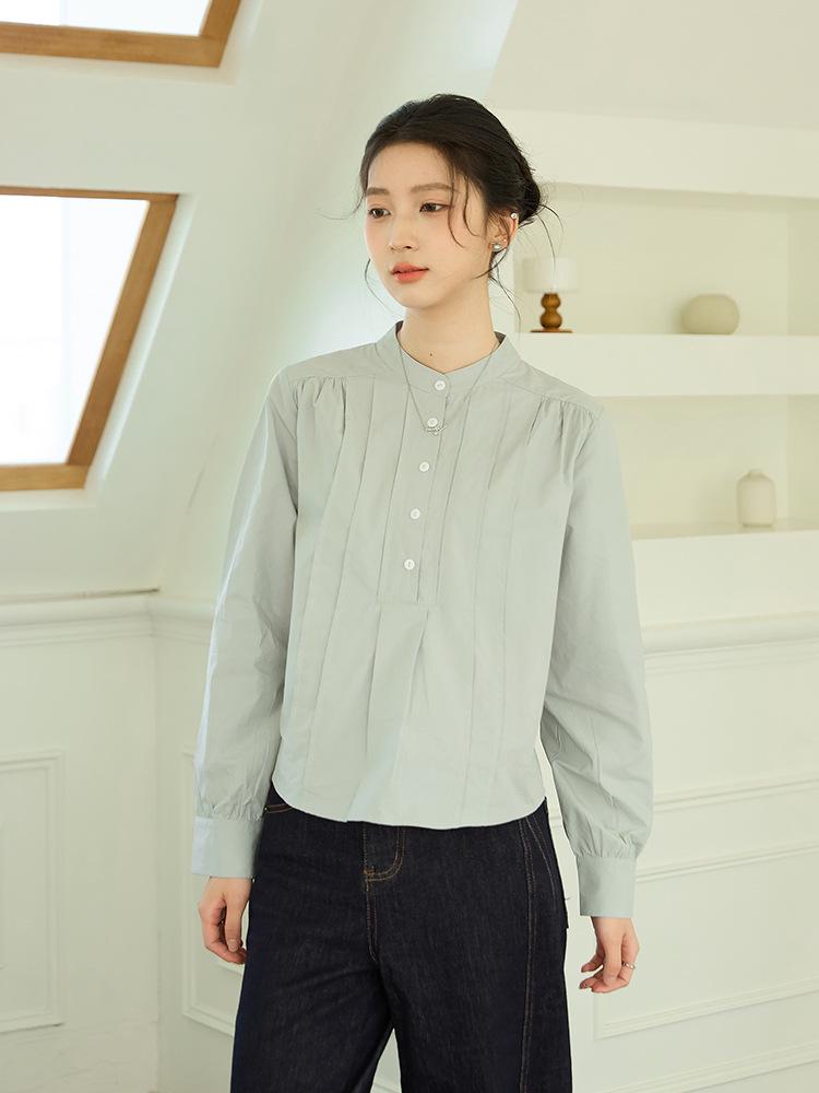 Women's Pleated Stand Collar Long Sleeve Shirt - Loose, Versatile, Elegant Design for Daily Wear