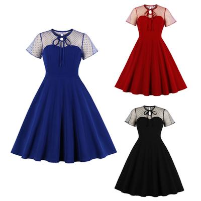 Frühlings- und Herbstmode Damen Mesh Tupfen Kurzarm Patchwork Puffrock Großes Schwingkleid