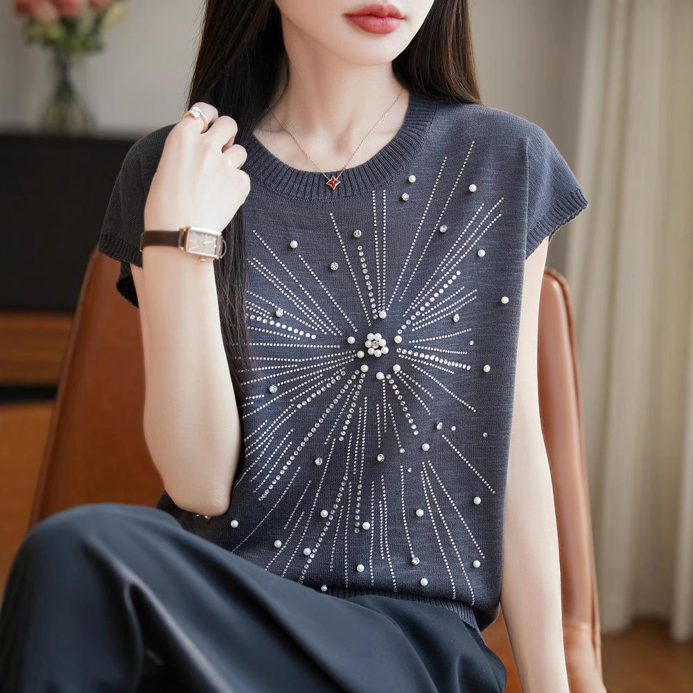 Women's Summer Bamboo Linen Beaded Crew Neck T-Shirt