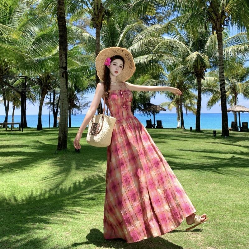 Seaside Vacation Pink Plaid Suspender Dress Is Beautiful, Beautiful and Unique Waist Temperament Long Dress In Summer