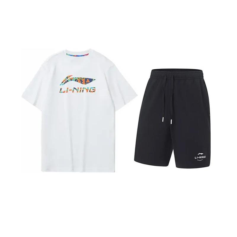

Li-Ning Цветной логотип, принт с буквами, модная универсальная футболка с круглым вырезом и короткими рукавами, повседневный спортивный костюм, унисекс, топы AHSS549-2+AKST543-3 3XL