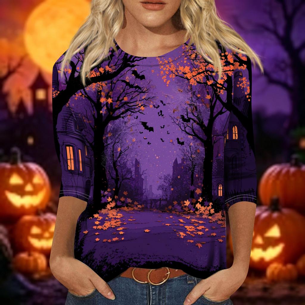 Women Casual Three Quarter Sleeve Halloween Pumpkin Print Crew Neck Top Lightweight Comfortable Fall Shirt for Everyday Wear