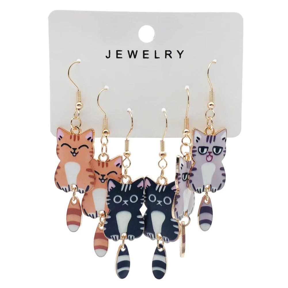 3 Pairs Fun and Cute Enamel Alloy Hanging Tail Cat Dangle Earrings Colored Cat Ear Jewelry Set Lovely Gift for Women Girls