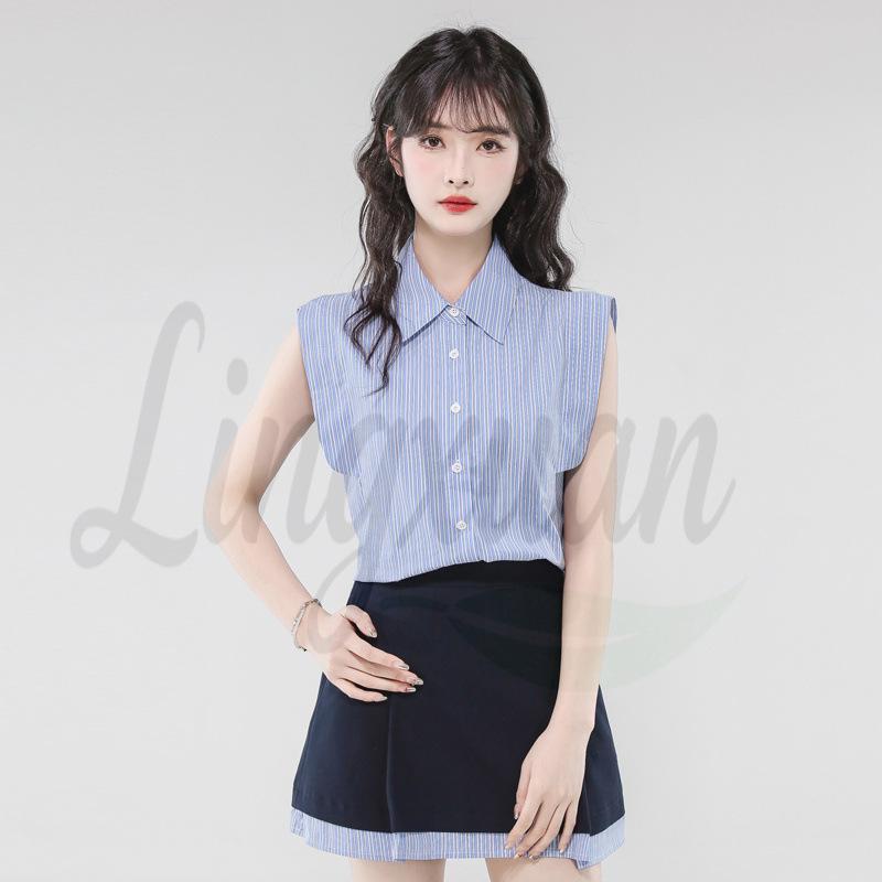 

Retro Blue Striped Wide-Shoulder Shirt & A-Line Pleated Skirt Set for Women M
