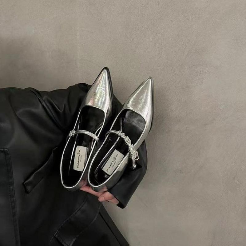 Mary Jane Shoes Comfortable Lightweight Thick Heel Shoes Women's Leather Shoes Fashion Classic Silver Pointed Low Heel Sandals