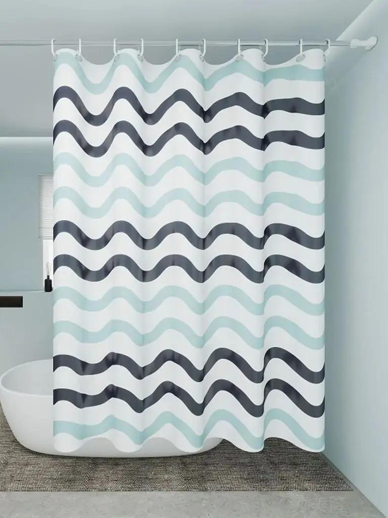 VIKAMA Two-Color Wave Pattern Bath Curtain, Bathtub Dry-Wet Separation Partition Bath Curtain, Waterproof Hanging Curtain Fabric 90X180C(3X5.9FT)