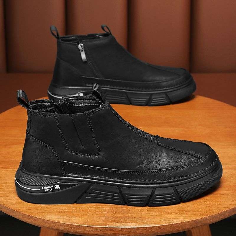 Men's Boots High-top Ankle Boots Trend British Style Outdoor Leather Shoes Zipper Platform Work Shoes Soft Sole Plush Snow Boots