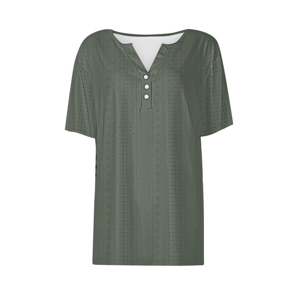 European & American Style V-Neck Jacquard Hollow-Out Short-Sleeve T-Shirt: Fashionable, Casual, Loose, Comfortable Summer Vacation Top