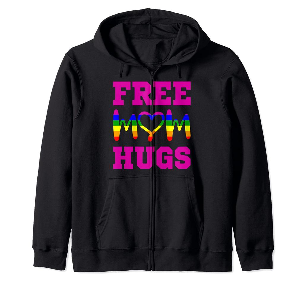 FREE MOM HUGS LGBT Pride Month LGBTQ Rainbow Flag Zip Hoodie
