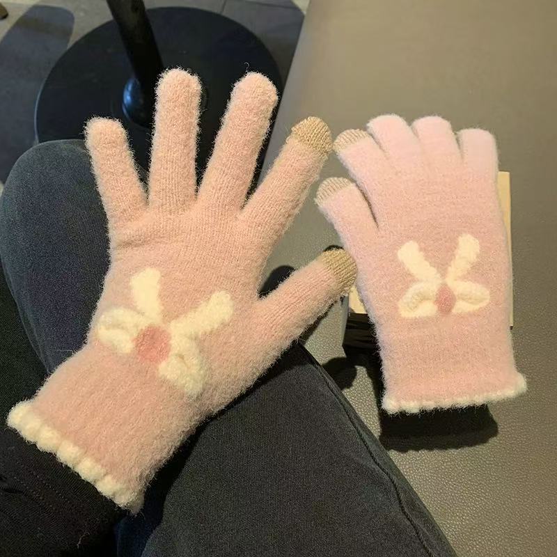 Knitted Touch Screen Gloves for Women To Keep Warm in Winter Thickened and Fleece Five Finger Outdoor Cycling Two Finger Korean Style Gloves