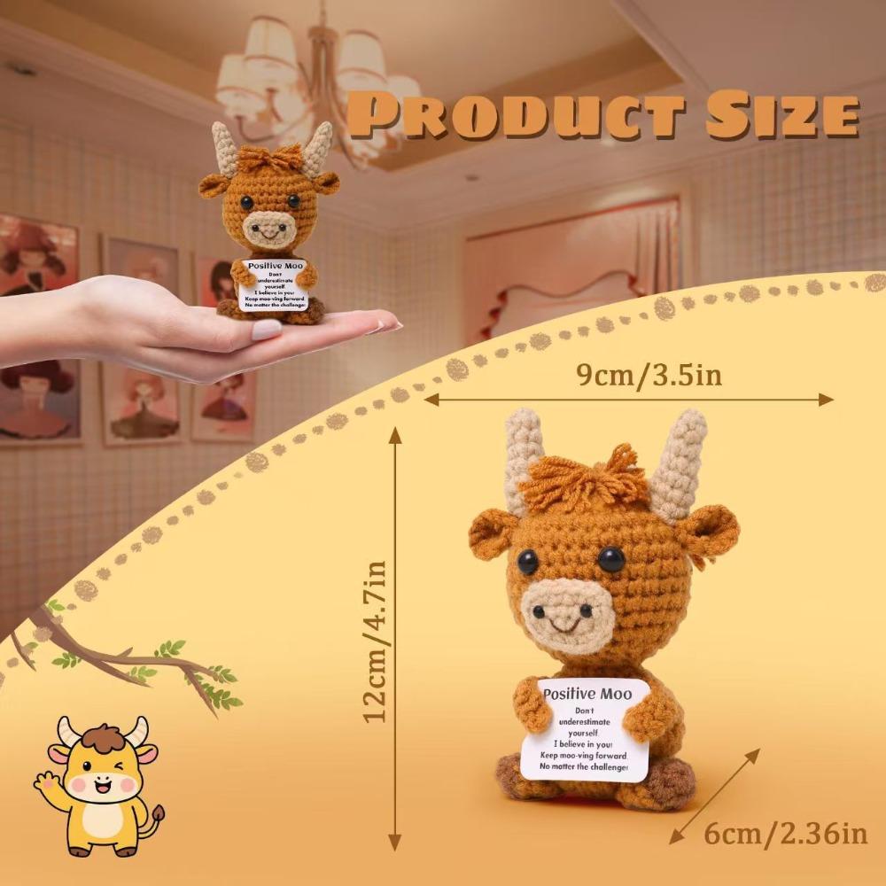Handmade Crochet Highland Cow Plush Doll, Mini Positive Encouragement Knitted Animal Ornament Gift
