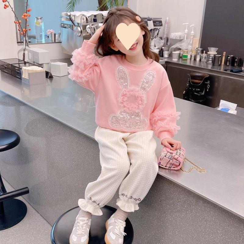 Girls Pink Fleece Lined Sweatshirt Cute Rabbit Print Long Sleeve Pullover Top For Spring Autumn 90