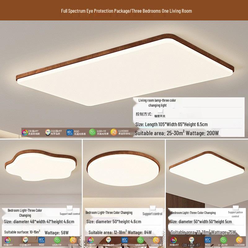 Walnut Wood Grain Ceiling Light: Full Spectrum Eye Protection Chandelier for Living Room, Bedroom, and Dining Room