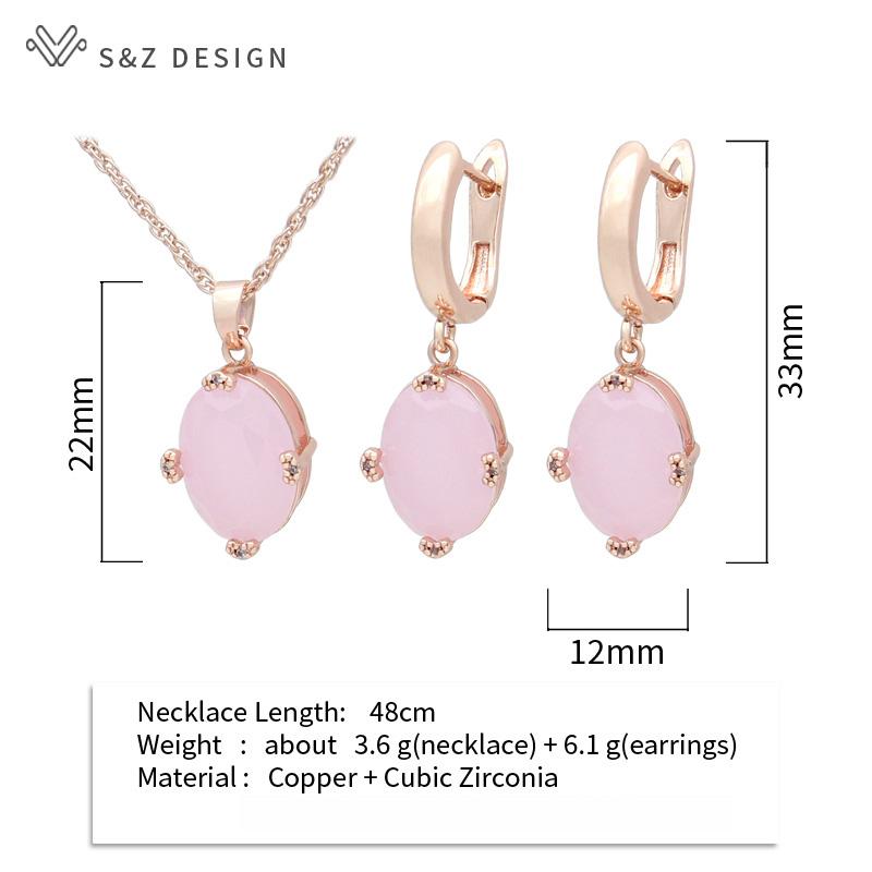 Fashion Oval Pink Cubic Zirconia Drop Earrings Pendant Necklace Jewelry Sets For Women Girl Elegant
