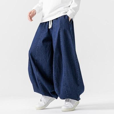 Men's Spring Plus Size Japanese-Style Relaxed Straight-Leg Denim Pants with Drawstring and Low-Rise Wide-Leg Design