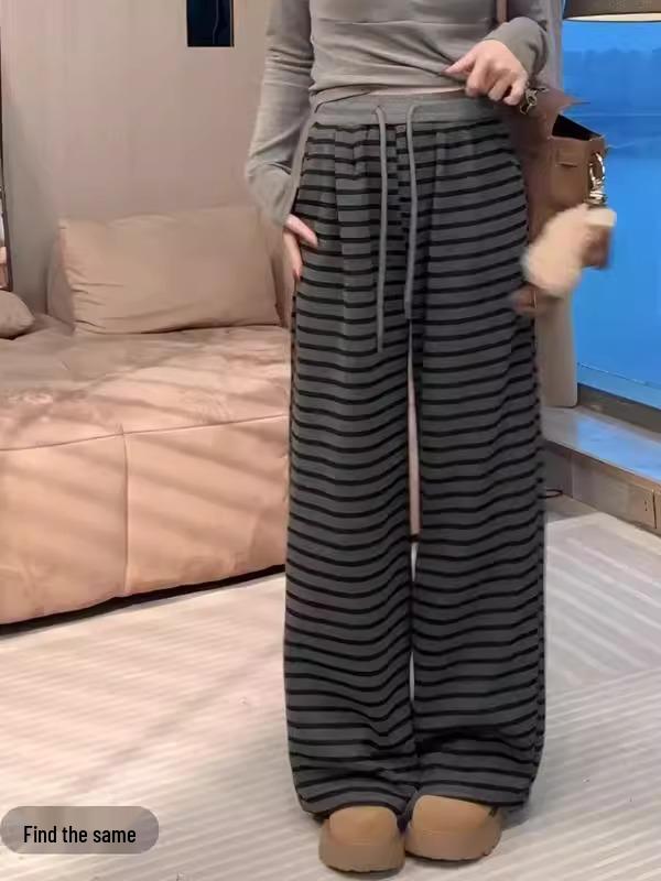 

New Women s Relaxed Striped Wide-Leg Pants - Casual Elastic Waist, Slimming, Versatile for Spring 2025 L серый