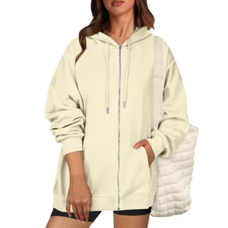 Casual Women Loose Hooded Zip Pocket Sweatshirt Jacket Fashion Top