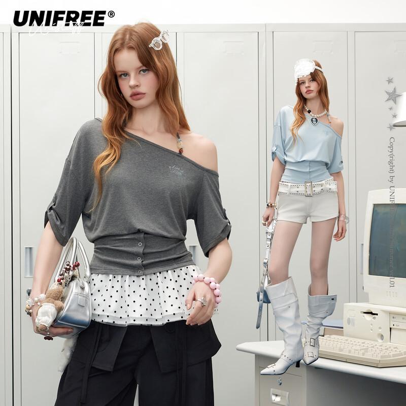 UNIFREE Asymmetric Shoulder Beaded T-Shirt S