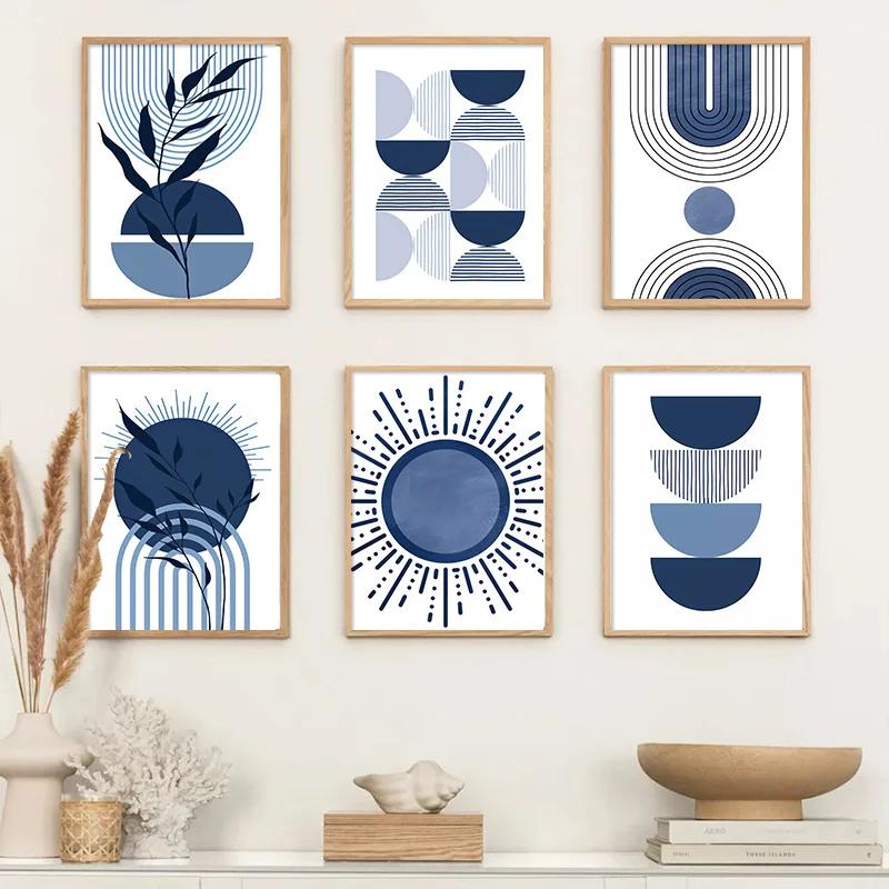 Boho Blue Abstract Modern Wall Art Print Sun Geometric Line Leaf Canvas Painting Nordic Posters Decor Pictures for Living Room