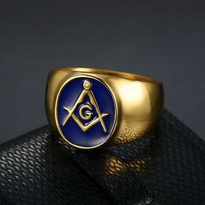 Men's Ring Titanium Steel Gold Plated Masonic Finger Ring Fashion Hip Hop Personalities Jewellery Accessories for Male