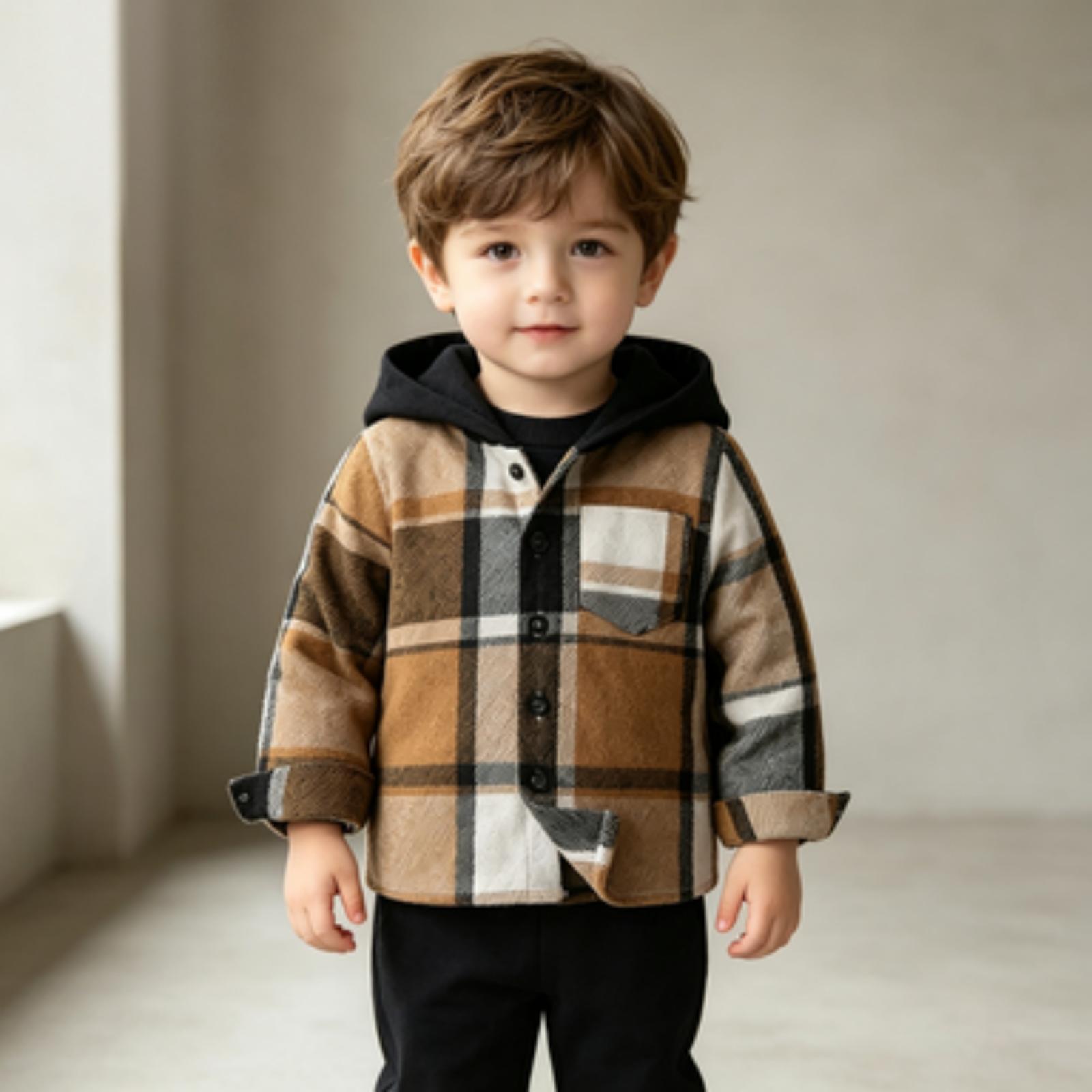 Boys Cotton Plaid Long Sleeve Hoodie Shirt Spring Outfit Set 100