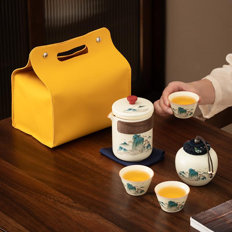 Travel Kung Fu Tea Set Thousand Miles of Jiangshan Ceramic Small Set Portable Business Trip Outdoor Camping Business Gift