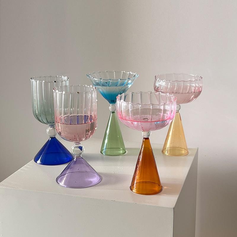 Creative Two Tone Green Blue Amber Purple Colored Ripple Style Martini Mojito Champagne Margarita Cocktail Glasses Goblet Cup