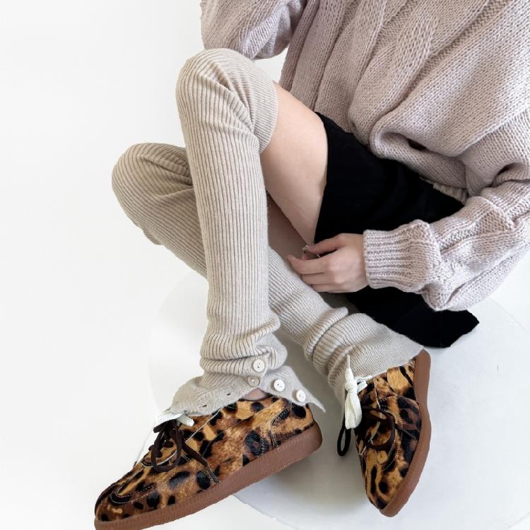 Women Japanese Ribbed Knitted Leggings Gaiters with Slit Buttons Harajuku Aesthetic Thigh High Leg Warmer Footless Socks