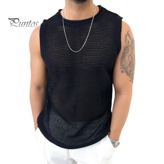 

Мужской жилет с круглым вырезом без рукавов, летний дышащий жилет, однотонный, ажурный, трикотажный, для фитнеса, домашняя одежда M чёрный