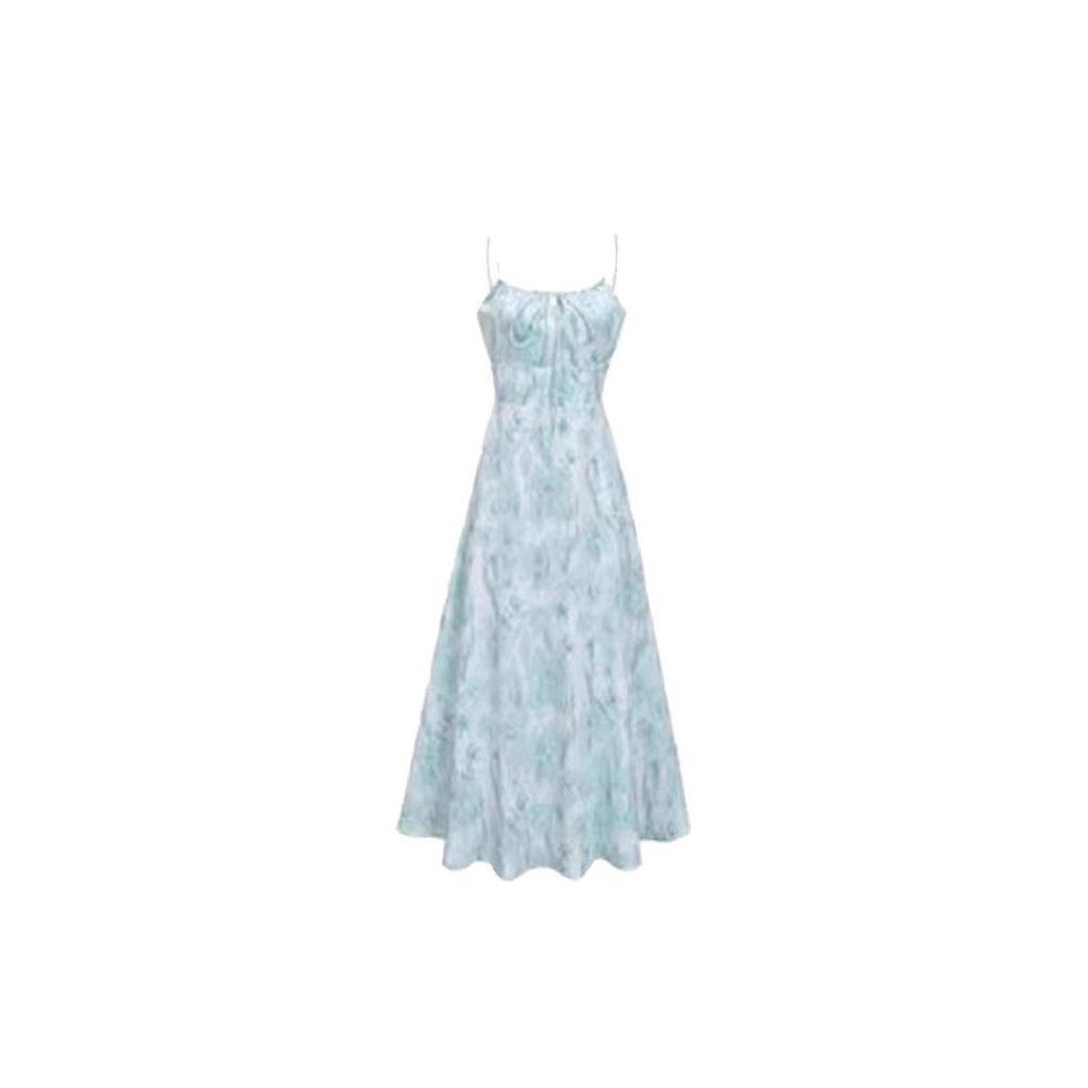Blue Suspender Floral Dress Women's Summer New High-end Tea Break Style French Temperament Long Dress
