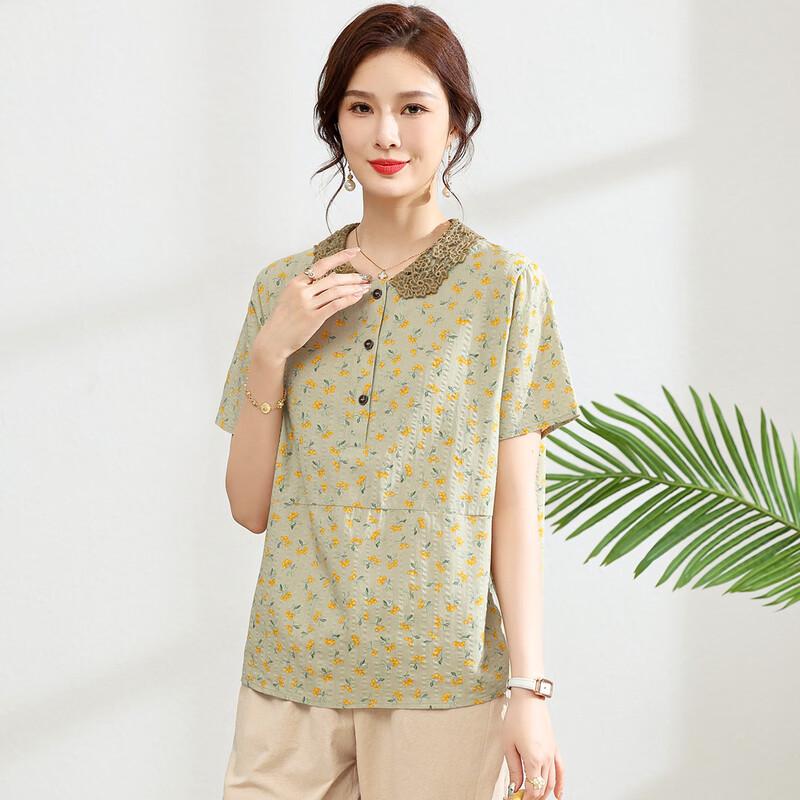 Mom's Summer Floral Print Doll Collar Short Sleeve T-Shirt