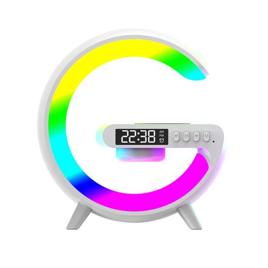 Lampe de chevet avec chargeur de haut-parleur sans fil 4 en 1, avec application de synchronisation de musique, télécommande, lampe de haut-parleur LED en forme de G