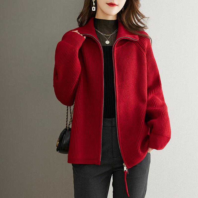 Spring Autumn Middle Aged Mother Zipper Women Knitted Cardigan Sweater Jacket Temperament Versatilet Leisure Ladies Top