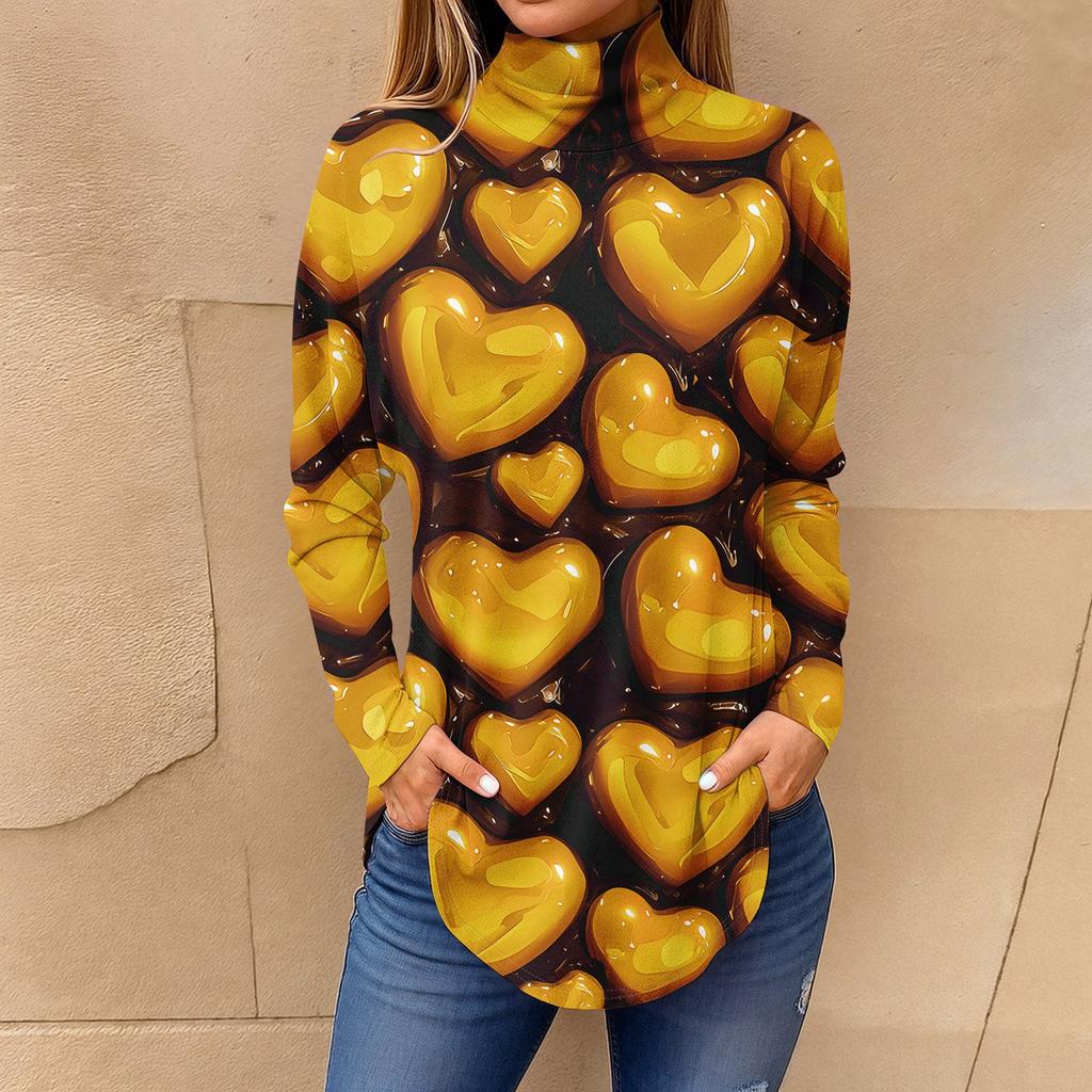 Tee Shirts For Women Fall Casual Long Sleeve Shirts Sweatshirt Vintage Printed High Neck Top Pullover