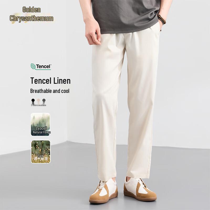 Golden Chrysanthemum Men s Tencel Linen Straight-Leg Pants L