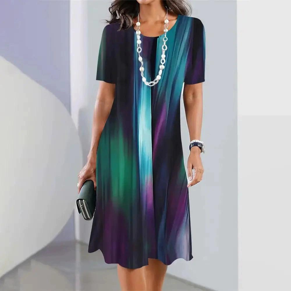 Summer Women's Round Neck Short Sleeve Printed Fashion Loose Midi Dress