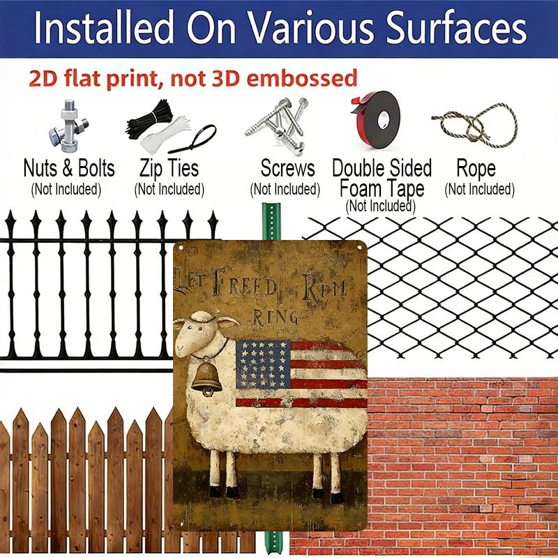 2D Flat, 1pc Patriotic Sheep American Flag Metal Wall Art - Rustic Farmhouse Style with "Let Freedom Ring" Design, Vintage Distressed Texture